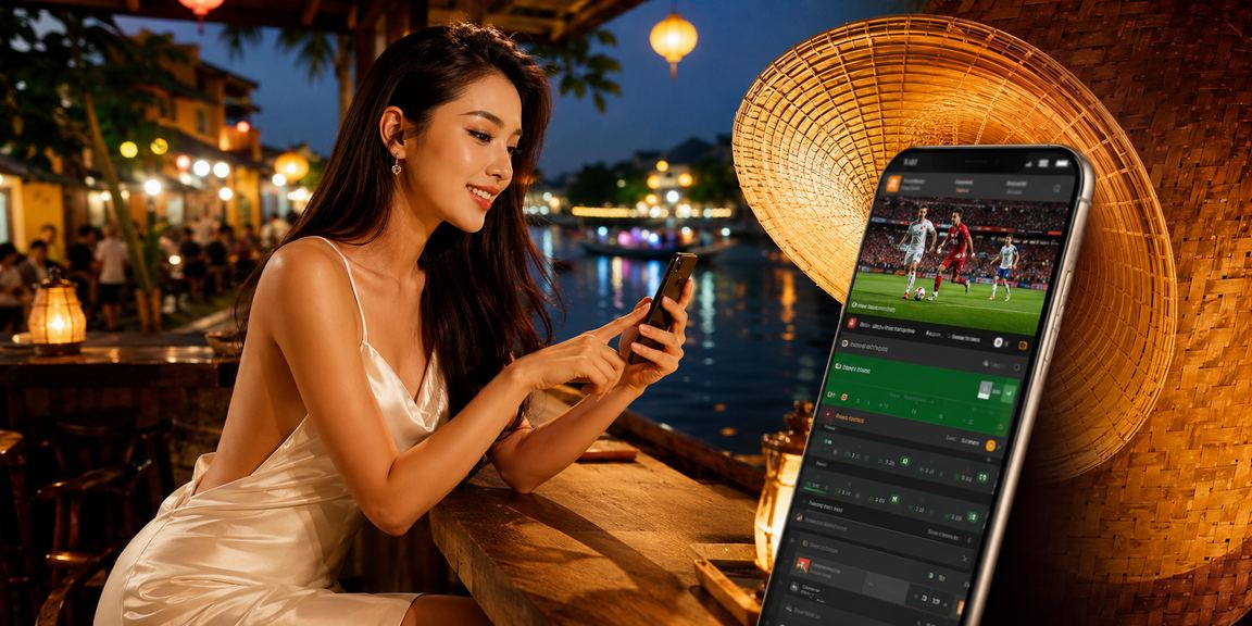 Người dùng tại Hội An đặt cược thể thao trên điện thoại bên không gian phố cổ truyền thống