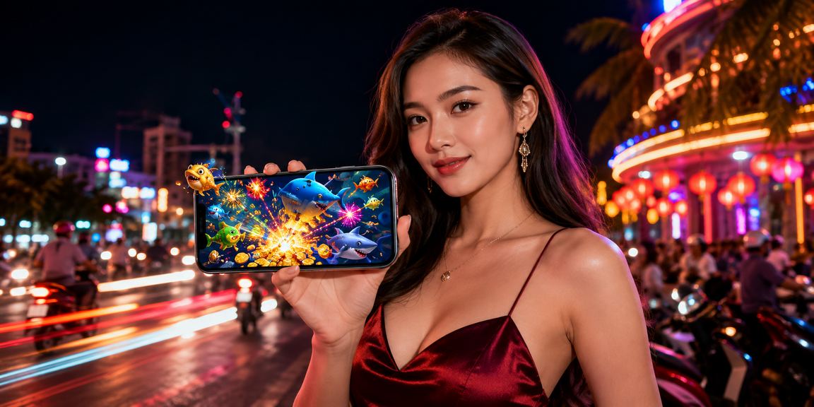 Người dùng tại chợ đêm Nha Trang chơi bắn cá và tham gia jackpot trên điện thoại buổi tối