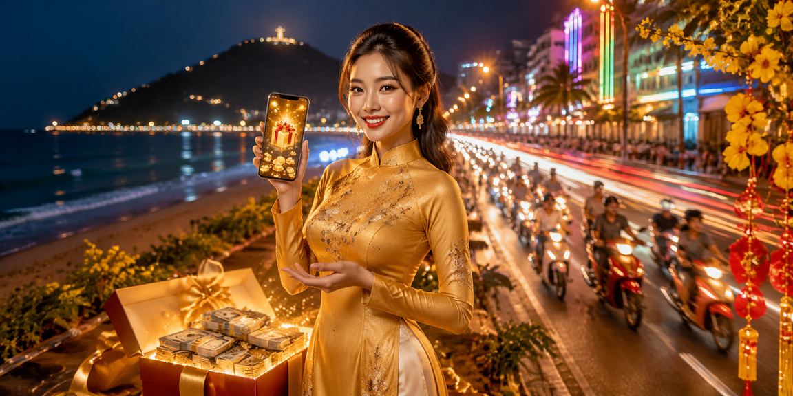 Người dùng tại Vũng Tàu mặc áo dài trải nghiệm casino di động trên điện thoại bên bãi biển